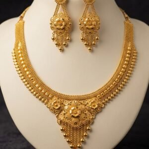 Traditional Gold Floral Necklace Set with Long Earrings